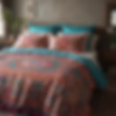 Colorful bohemian bedspread with decorative elements