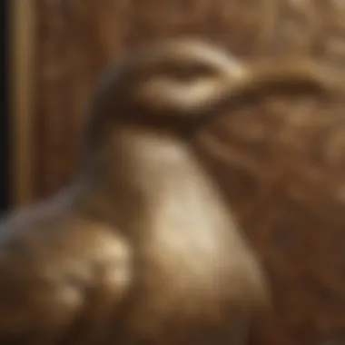 Close-up of intricately designed brass seagull wall piece