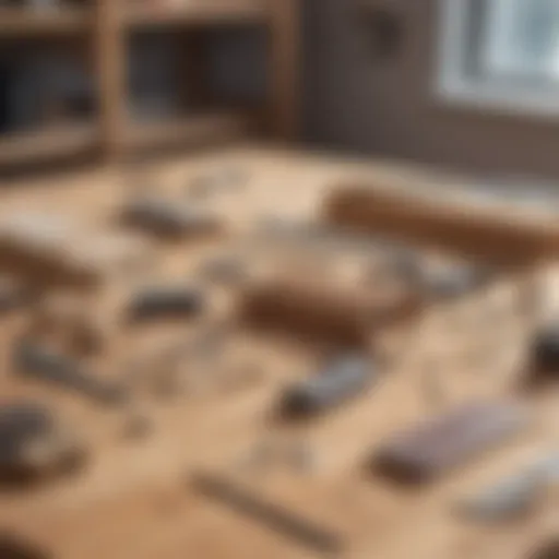 Detailed view of essential wood furniture repair parts laid out on a workbench.