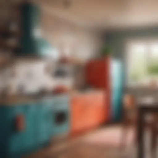 Brightly colored pretend kitchen set with various utensils