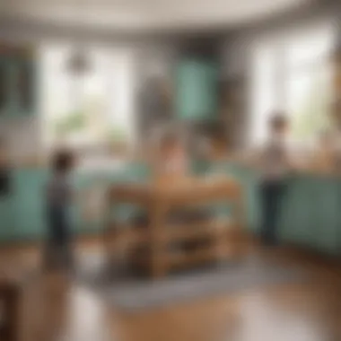 A group of children enjoying cooperative play around a kitchen set