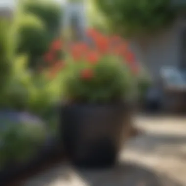 Elegant Big Black Pot in a Vibrant Garden Elegant big black outdoor pot in a modern garden setting filled with vibrant flowers