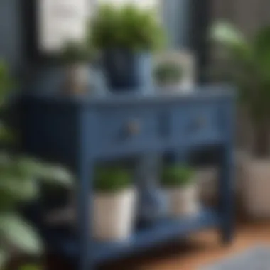 Styling Tips: Dark Blue End Table with Decor Dark blue end table styled with decorative items and plants