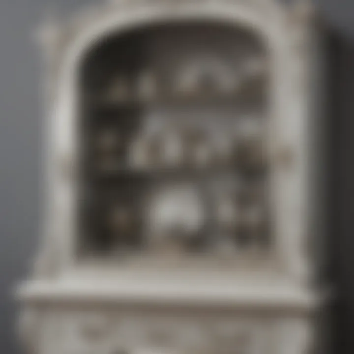 Close-up of intricate details on a vintage mirrored china hutch.
