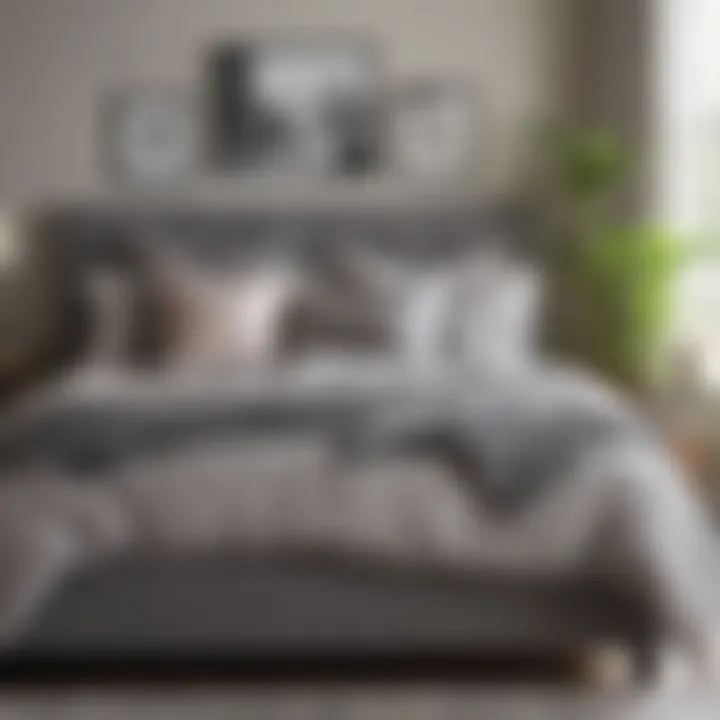 Cozy bedroom decor featuring a gray bed frame with decorative pillows.