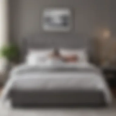 Modern Elegance: Gray Bed Frame with Plush Headboard Elegant gray bed frame with plush headboard in a modern bedroom setting.