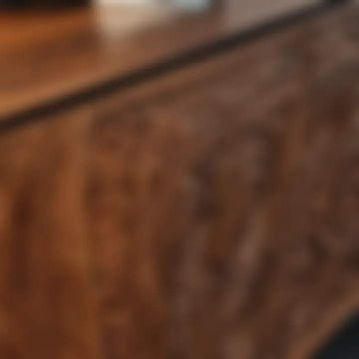 Close-up of the intricate wood grain on a stylish credenza