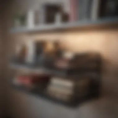 Elegant Shelf Decorated with Large Metal Basket Elegant large metal basket styled with books and decor items on a shelf