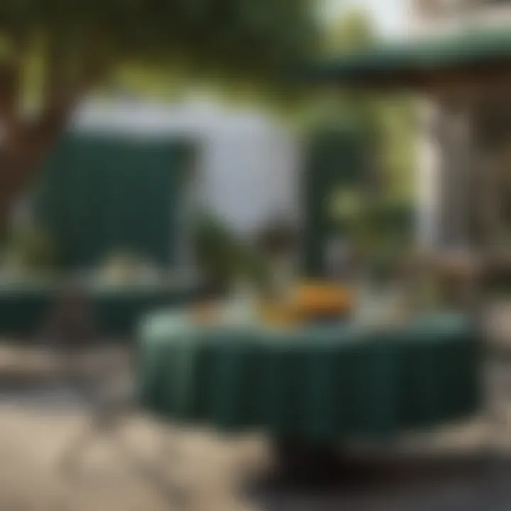 Casual outdoor setting featuring a dark green round tablecloth