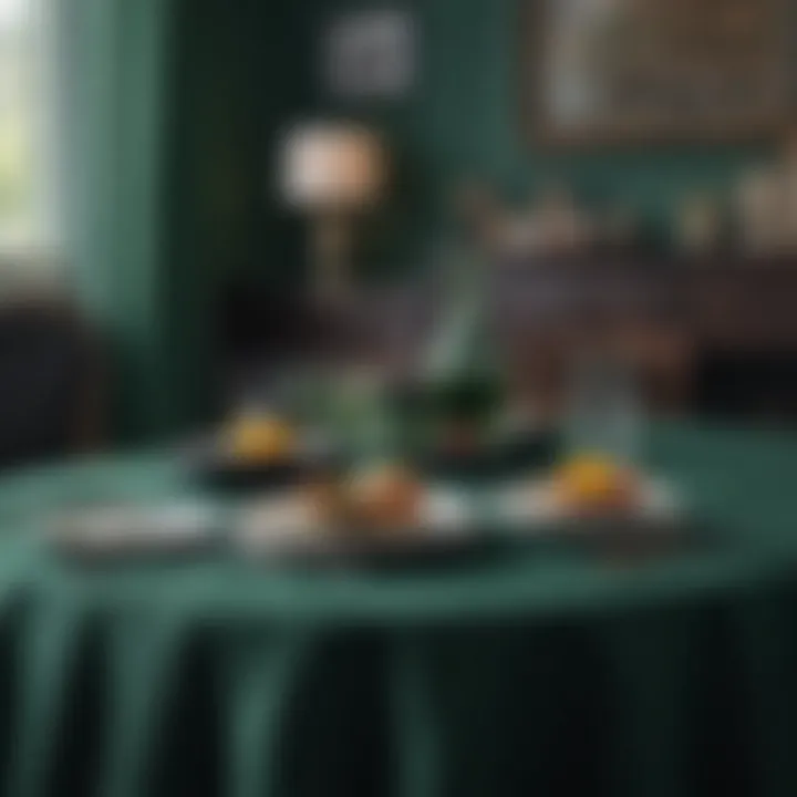 Stylish interior with dark green round tablecloth complementing decor