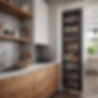 A creative use of vertical space in a small kitchen with open shelving.