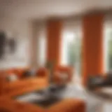 Elegant living room featuring orange blackout curtains