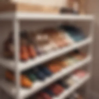 Close-up of a shoe box neatly arranged on a rack