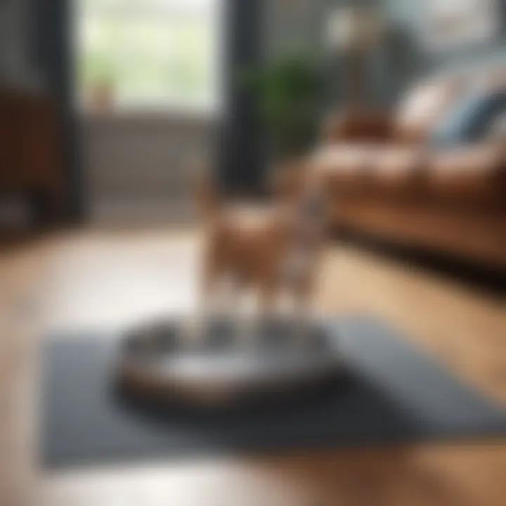 A spacious area featuring a dog water bowl on a large mat, demonstrating size considerations.