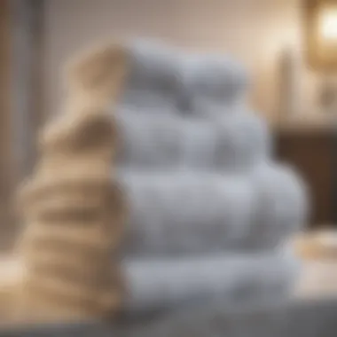 Close-up of plush and fluffy big size bath towels stacked neatly